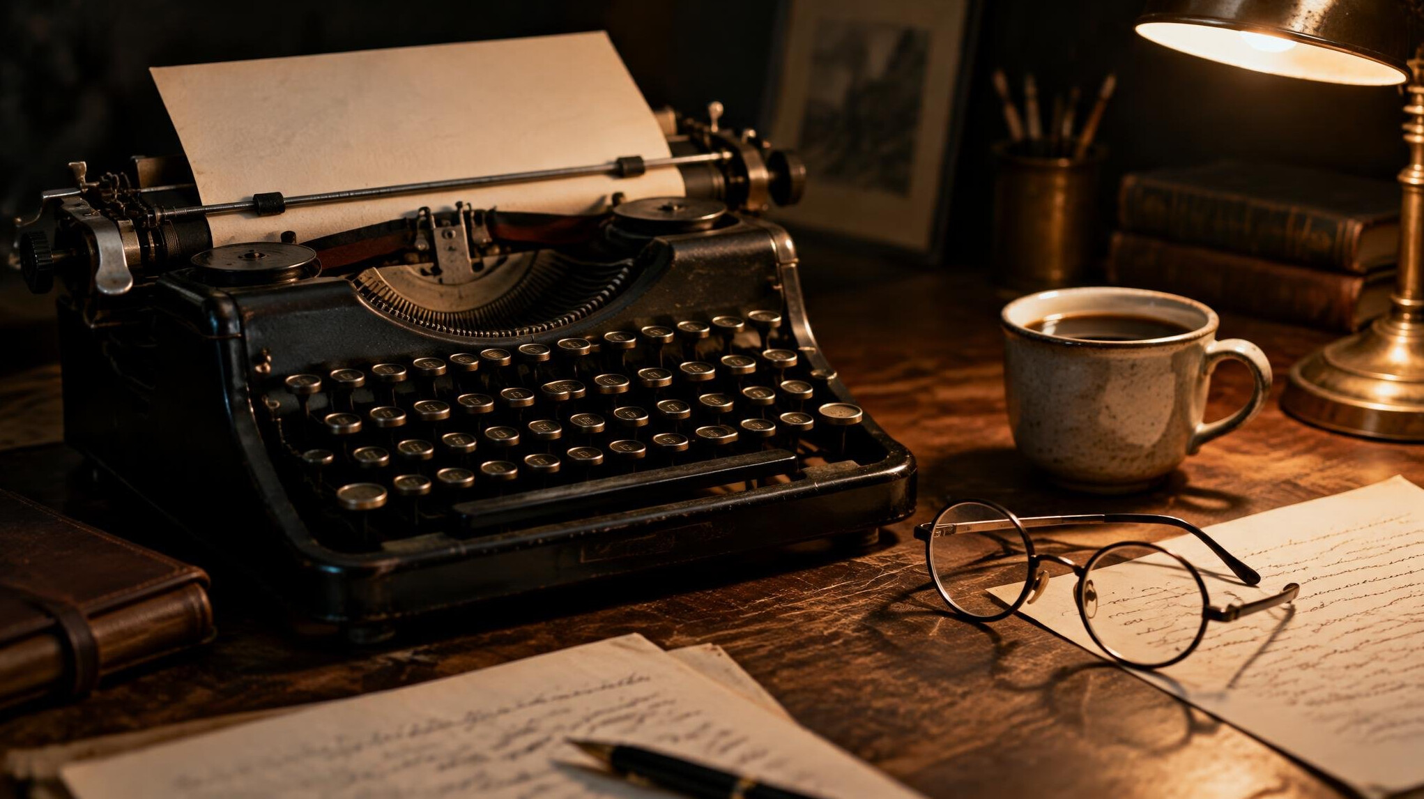 Vintage typewriter and handwritten notes on a wooden desk lit by warm lamp light