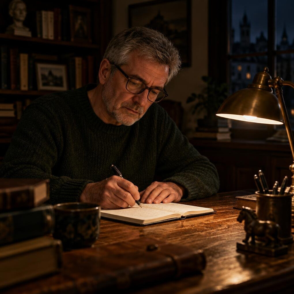 Croatian male writer in his fifties sitting at a wooden desk writing by lamplight, wearing a knit sweater